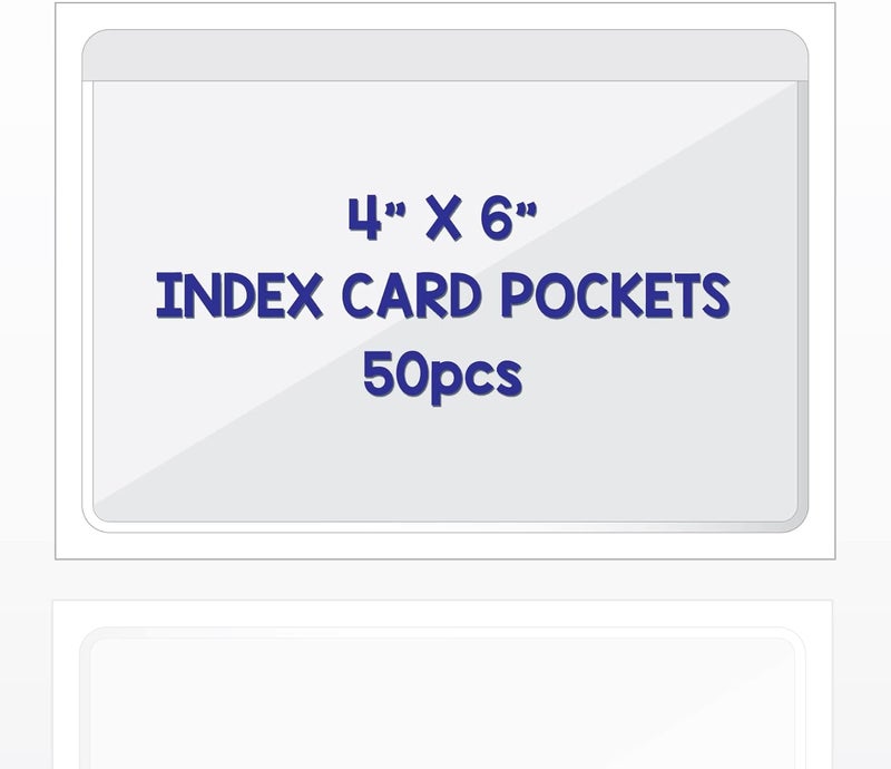 IMAGAME Clear Adhesive 4" x 6" Index Card Pockets with Top Open for Loading, 50 Pack, Plastic Labels Holders for Storage Bins and Library Card, Organizing and Protecting Your Index Cards or Photos - Image 1
